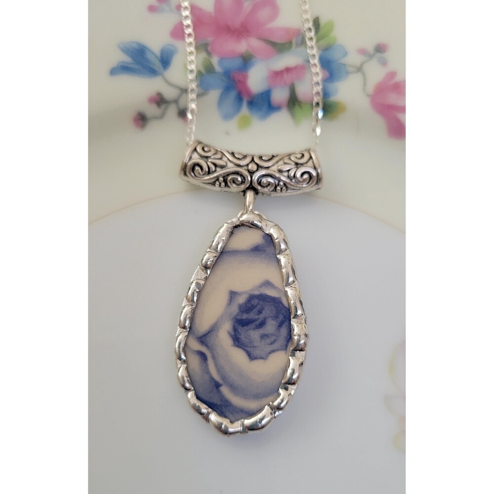 Upcycled Harry and David Blue Rose Broken China Necklace Floral Pendant
